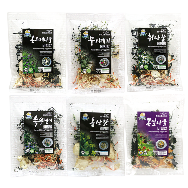 Pack of 6, Korean Bibimbap Veggies Dried Vegetables Mix Korean Food, Assorted Korean Traditional Namulbap Pantry Herbs, Radish Leaves, Aster Scaber, Thistle Gondeurae, Chwinamul, Mustard Greens