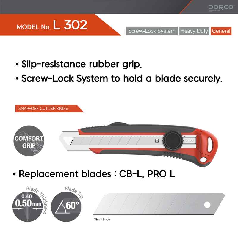 10 Pcs, DORCO Professional Quality Utility Box Cutter Knife S302 - Solid Screw-Lock Safety System, Large Design, Retractable, Built-In Snap-Off Tool, Replaceable Carbon Steel Blade - 18mm