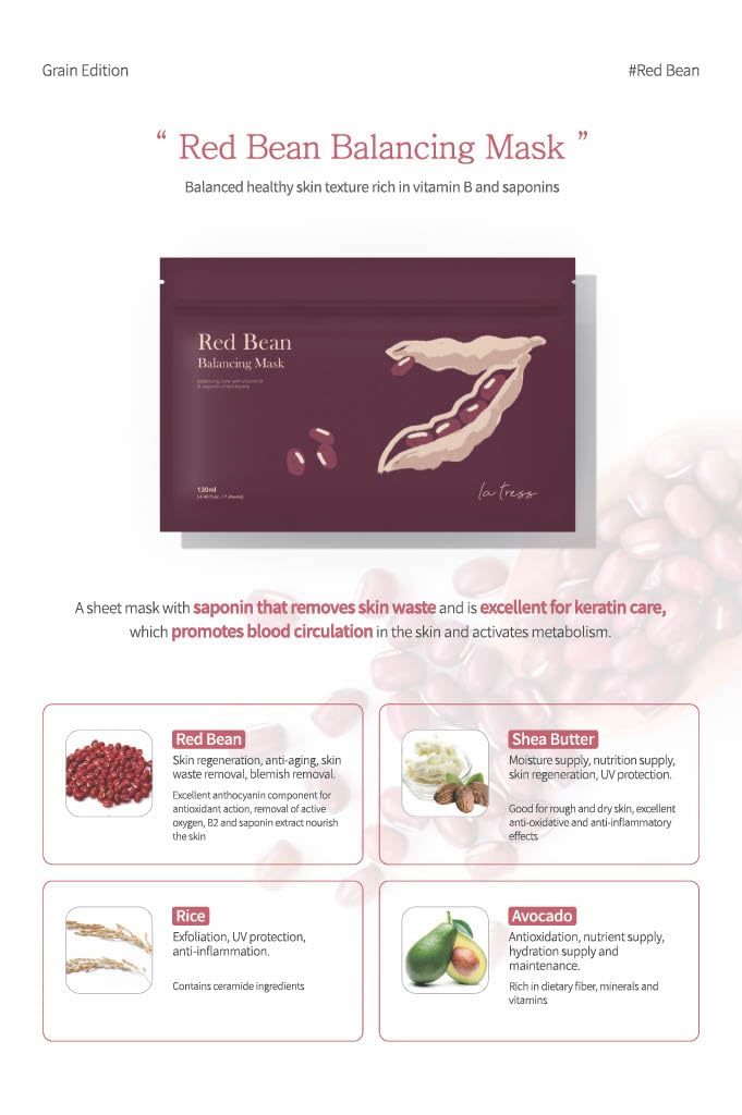 LA TRESS Red Bean Soothing Korean Face Mask, Korean Beauty Skin Care (7 Sheets)