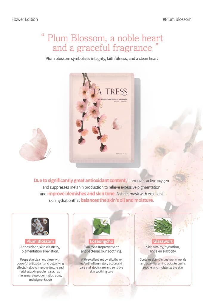 LA TRESS Plum Blossom Hydrating Korean Face Mask, Korean Beauty Skin Care (5 Sheets)