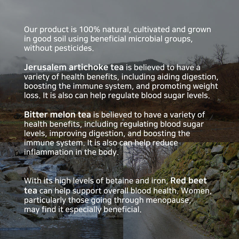 Tomnada Korean Superfood Trio Herbal Tea Set - Dried Cut Jerusalem Artichoke, Red Beet, Bitter Melon for Diabetic Tea, Blood Glucose, Digestive Issues, Detox - Natural, Decaf, No Additives