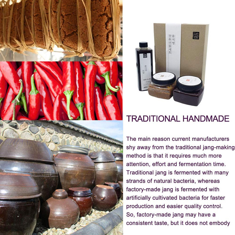 Korean Traditional 100% All Natural Fermented Soybean Paste 450g (Doenjang), Red Pepper Chilli Paste 450g (Gochujang), Soy Sauce 500ml (Ganjang) Set, Non-GMO, Gluten-Free