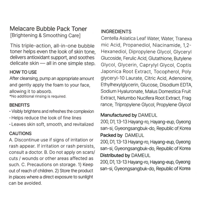MELKA Melacare Bubble Pack Toner with Niacinamide & Micro-Bubble Formula – Brightening, Hydrating, Tone-Evening, Radiance & Softness for Clear, Luminous, Balanced Skin
