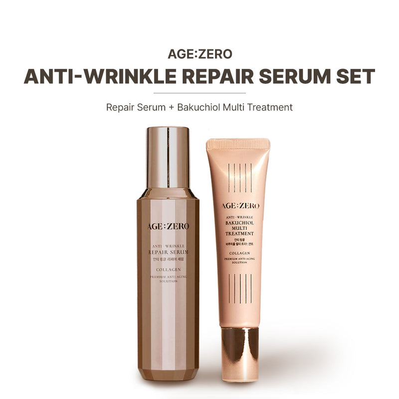 AGE:ZERO Vegan Anti Wrinkle Repair Serum Treatment Kit – K-Beauty Anti-Aging Set with Niacinamide, Bakuchiol, Collagen for Firming, Hydrating, Radiant Glow Skin Care Gift Set