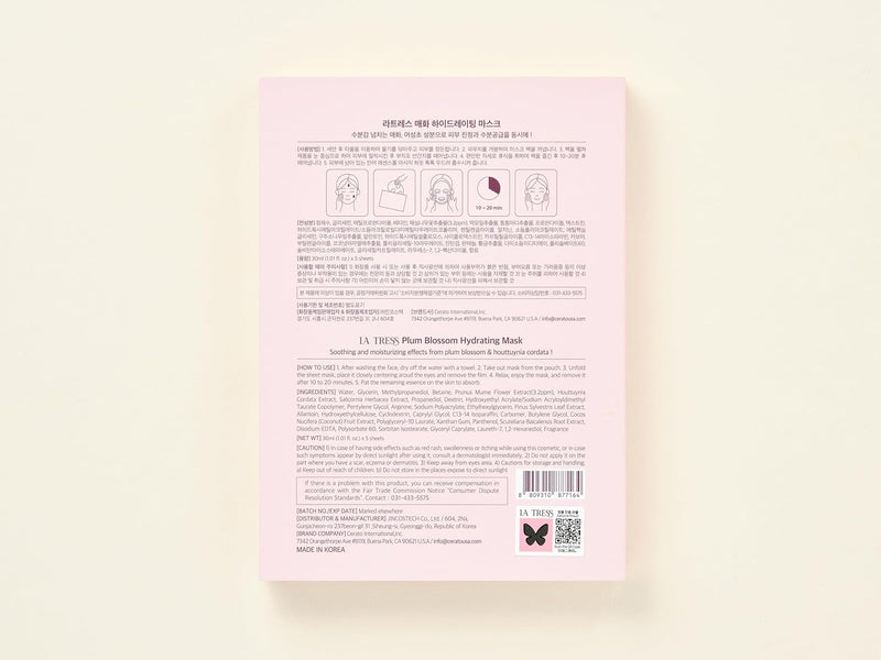 LA TRESS Plum Blossom Hydrating Korean Face Mask, Korean Beauty Skin Care (5 Sheets)