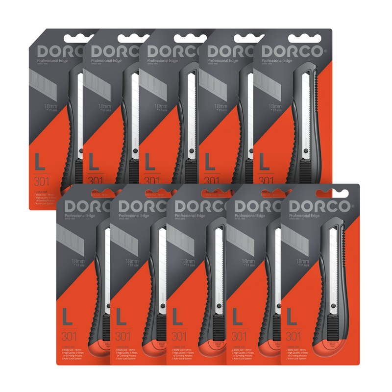 10 Pcs, DORCO Professional Quality Utility Box Cutter Knife S301 - Auto-Lock Safety System, Large Design, Retractable, Built-In Snap-Off Tool, Replaceable Carbon Steel Blade - 18mm