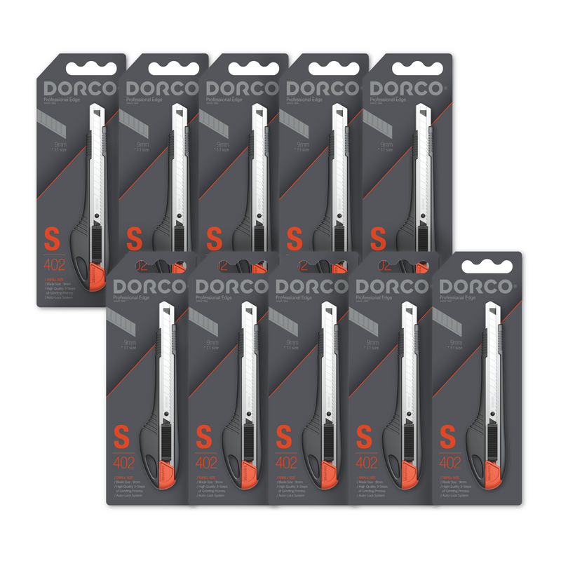 Pack of 10, DORCO Professional Quality Utility Box Cutter Knife S402 - Auto-Lock Safety System, Small Design, Retractable, Built-In Snap-Off Tool, Replaceable Carbon Steel Blade, 60° Tip - 9mm