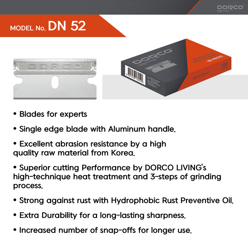 100 Pcs, DORCO Professional Quality Utility Single Edge Blade - Sharp, Carbon Steel Edge w/ Aluminum Handle