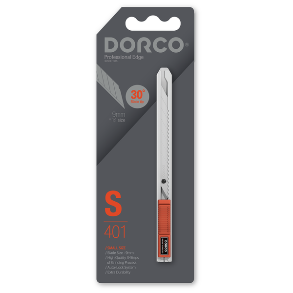 DORCO Professional Quality Utility Box Cutter Knife S401 - Auto-Lock Safety System, Small Design, Retractable, Built-In Snap-Off Tool, Replaceable Carbon Steel Blade, 30° Blade Tip For Precision - 9mm