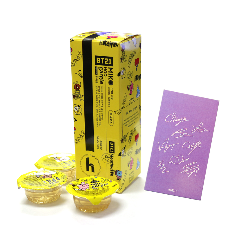 BT21 Hoo Mouthwash, Single Size Mouthwash for Fresh Breath on The go. Airline Friendly Liquid Travel Portable Oral Care Mouthwash, Alcohol Free for Kids Work Smokers, 8 Cups/Set, Autograph Included