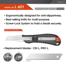 DORCO Professional Quality Utility Box Cutter Knife S601 - Solid Screw-Lock Safety System Wheel Type, Large Design, Retractable, Built-In Snap-Off Tool, Replaceable Carbon Steel Blade - 18mm