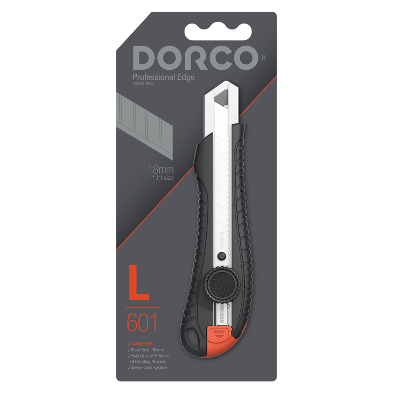 DORCO Professional Quality Utility Box Cutter Knife S601 - Solid Screw-Lock Safety System Wheel Type, Large Design, Retractable, Built-In Snap-Off Tool, Replaceable Carbon Steel Blade - 18mm