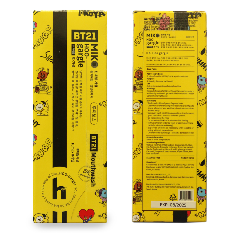 BT21 Hoo Mouthwash, Single Size Mouthwash for Fresh Breath on The go. Airline Friendly Liquid Travel Portable Oral Care Mouthwash, Alcohol Free for Kids Work Smokers, 8 Cups/Set, Autograph Included
