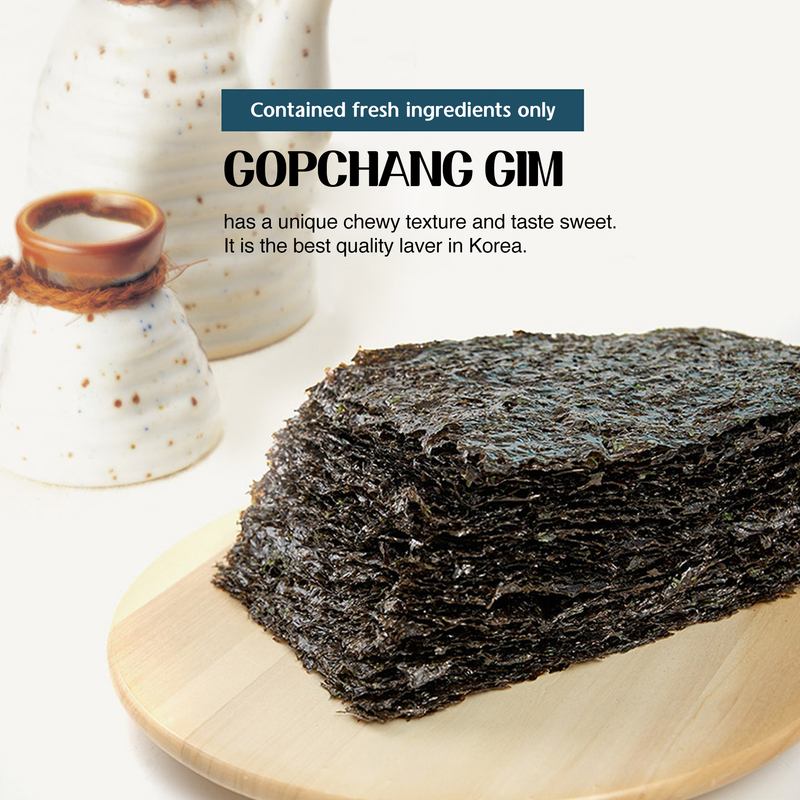 Korea Wando Natural Crispy Seaweed Gopchang Gim Nori, Premium Savory & Chewy Korean Food Traditional Dried Seaweed Sheets Raw Unroasted Seaweed Snacks, Rich in Iron and Potassium (50 sheets)