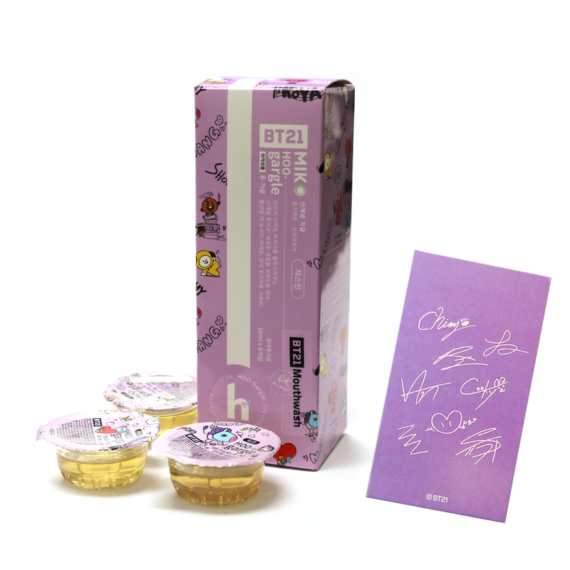 BT21 Hoo Mouthwash, Single Size Mouthwash for Fresh Breath on The go. Airline Friendly Liquid Travel Portable Oral Care Mouthwash, Alcohol Free for Kids Work Smokers, 8 Cups/Set, Autograph Included