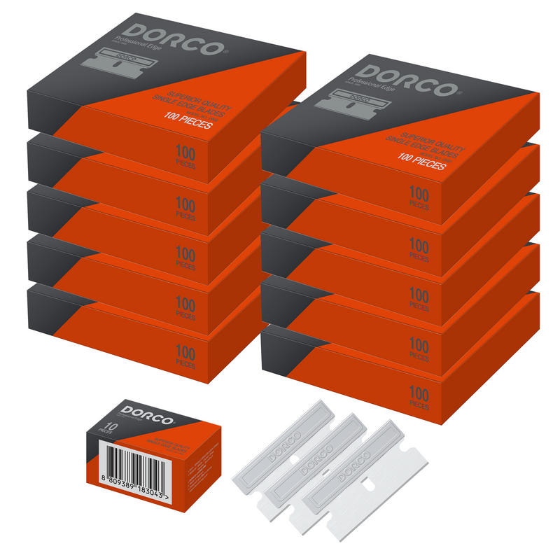 100 Pcs, DORCO Professional Quality Utility Single Edge Blade - Sharp, Carbon Steel Edge w/ Aluminum Handle