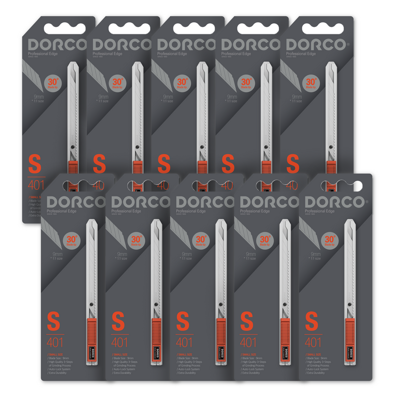 10Pcs, DORCO Professional Utility Box Cutter Knife S401 - Auto-Lock Safety System, Small Design, Retractable, Built-In Snap-Off Tool, Replaceable Carbon Steel Blade, 30° Blade Tip For Precision - 9mm